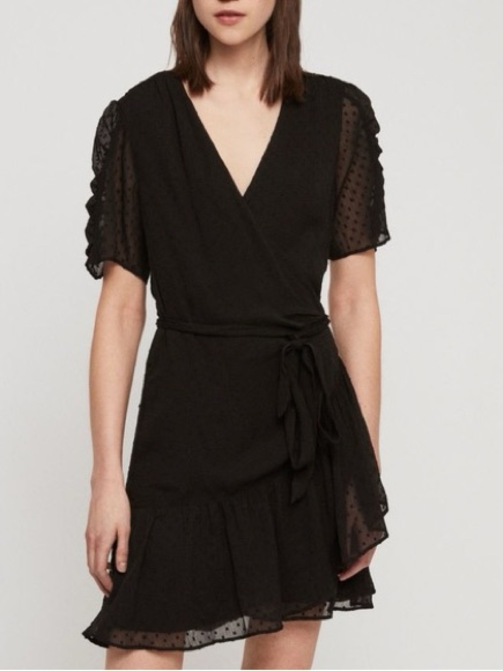 ALL SAINTS Sienna Dress - Clip Dot Wrap Dress in Black with Ruffle Bottom
